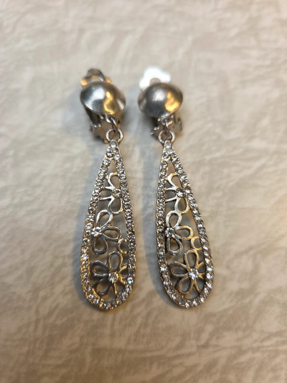 Silver Tone Floral Teardrop Clip on Earrings